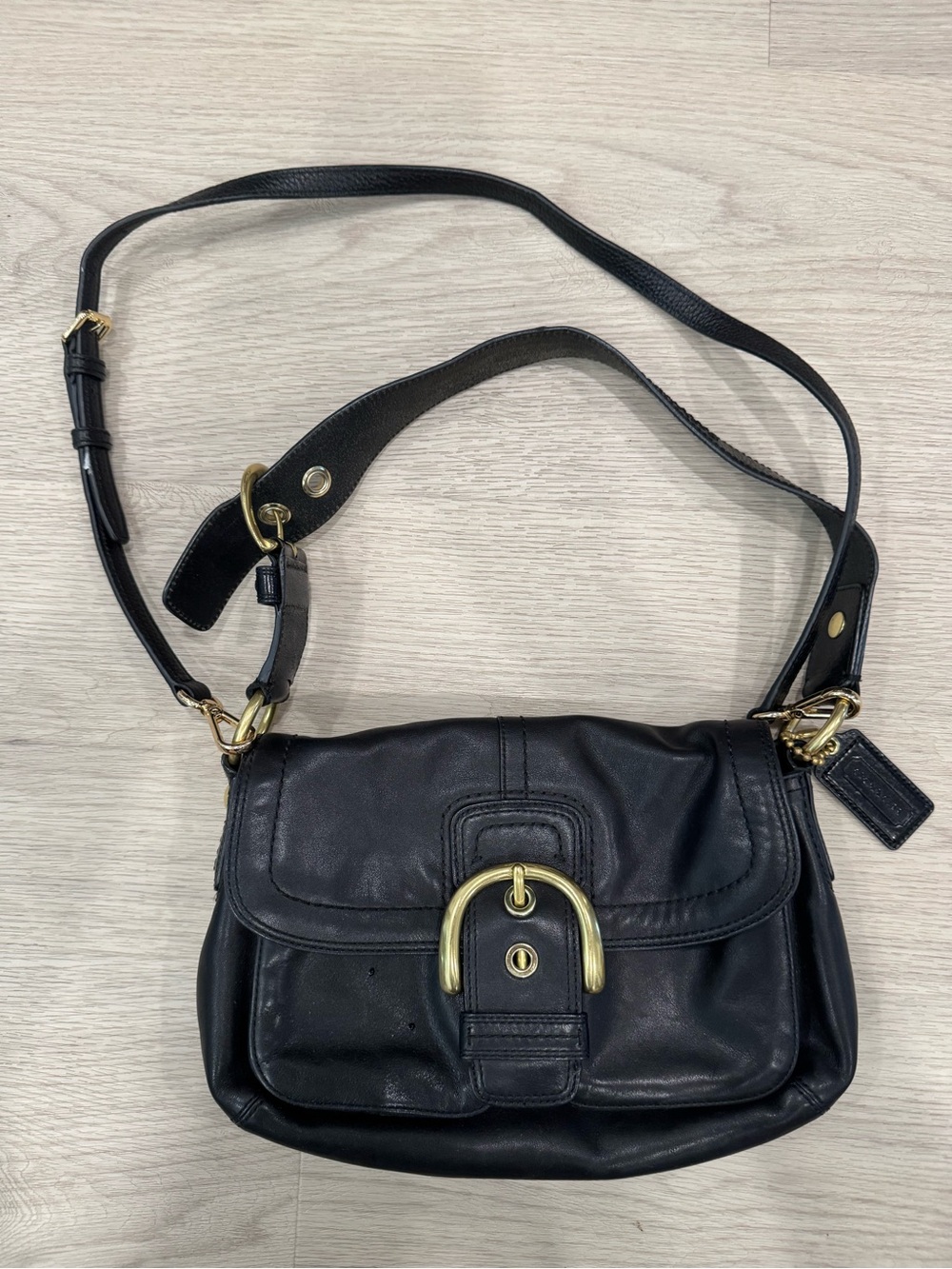 Coach Vintage Black Leather Shoulder Bag with Gold Buckle- #F0820-F11842